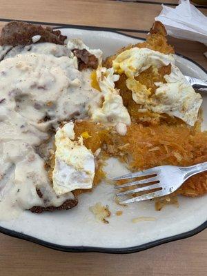 Chicken fried steak and hash brown