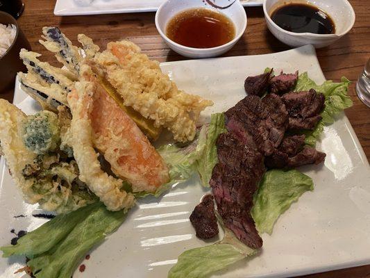 Tempura and beef teriyaki cooked perfectly