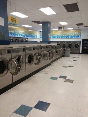 2 different size washers on the left. Dryers in the back.