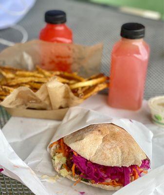 Falafel   Sandwich, rosemary fries, strawberry lemonade & Rhubarb Agua Fresca