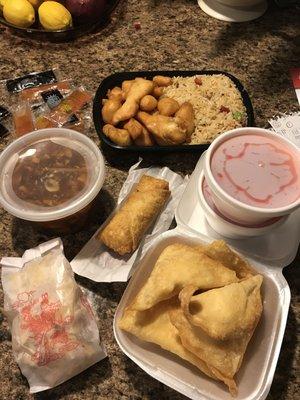 So much food! Whoa! Crab ragoons, sweet n sour chicken, pork fried rice, hot and sour soup, egg roll.