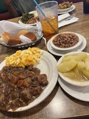 Beef Stew, Mac & Cheese, Fried Apples, Black Eyed Peas, Cornbread, Fried Okra, Collard Greens