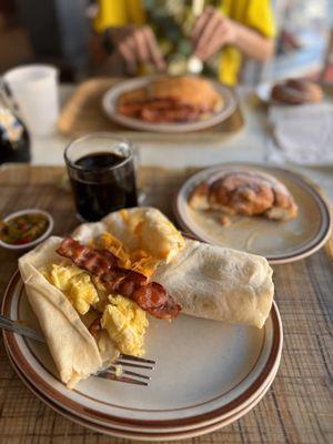 Breakfast burrito and Frontier Sweet Roll