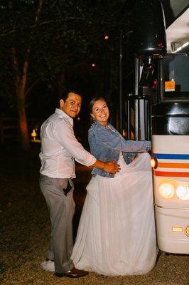 Young Bus taking the bride and groom downtown at the end of the night.