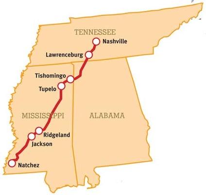 Map indicating location of guesthouse off of Natchez Trace Parkway.