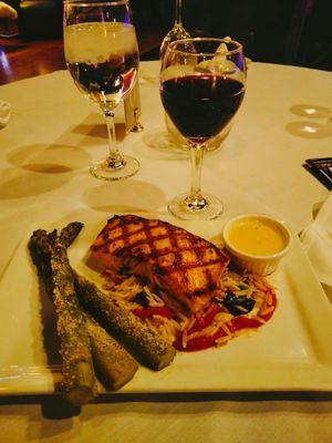 Deliciously Prepared  Grilled Salmon (8 oz), Rice and Asparagus with/a Glass of Nice Red Wine ...