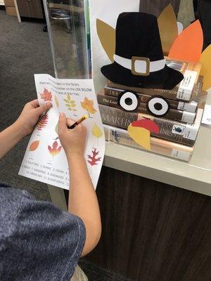 The turkey pile of books is genius. (My son is completing the Fall scavenger hunt)