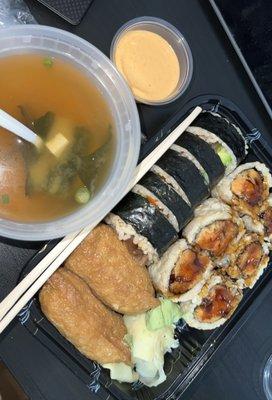 Brown Rice Veggie Combo with Miso Soup and Sriracha Mayo on the side