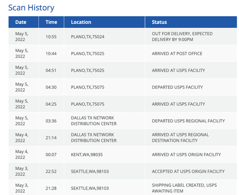 shipping tracking status!