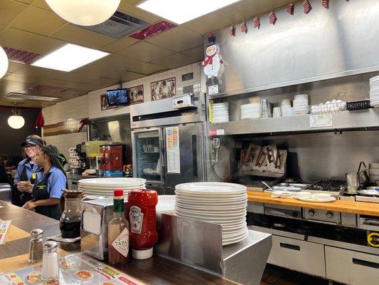 Inside at kitchen counter.