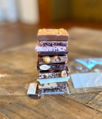 Pouch of various barks ("FrischSchoggi"). Pretty epic. The raspberry-blackberry white chocolate near the top is especially delicious.