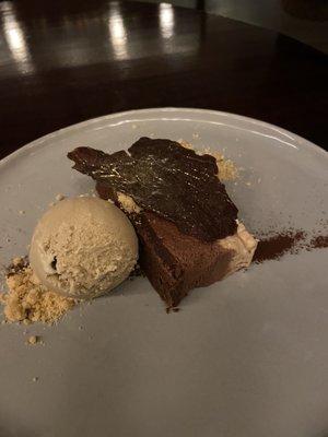 Chocolate mousse pie with espresso ice cream or gelato(?).