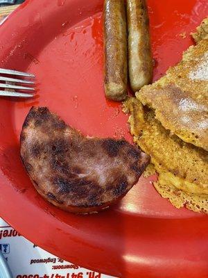 Extremely burnt ham steak, with a really bad taste