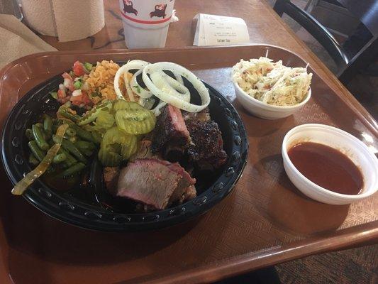 My Ranchers 2 meat plate, brisquet, ribs, coleslaw, green beans and Spanish rice