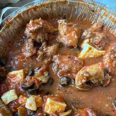 A better description of Athenian chicken would be "fried chicken in red sauce with feta, mushrooms, and olives."