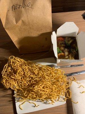 Pan fried noodles. (was just in a paper bag and I did not have a plate big enough)