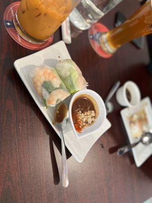 Spring rolls and Thai iced tea