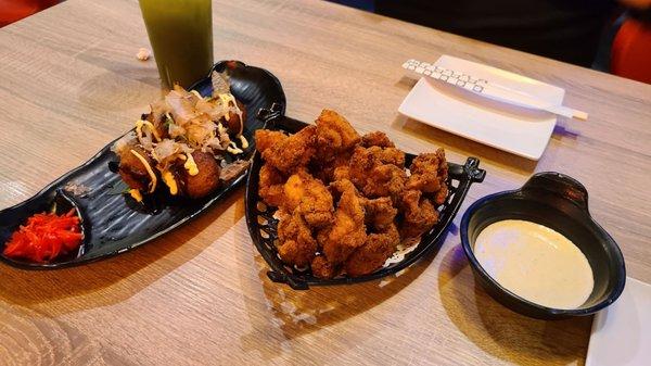 Takoyaki ($7.50) & kara-age ($8.00)