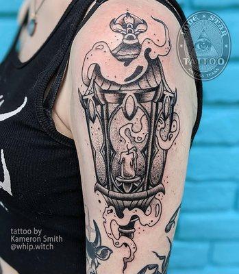 Spooky lantern tattoo by @whip.witch! Kameron is here tattooing Sunday-Wednesday, swing by the shop or check out our website!