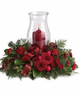 Christmas Centerpiece with Hurricane Globe Burgundy accents