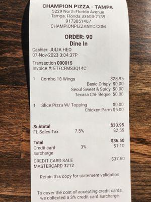 11-7-2023 Receipt - Notice the 3% credit card charge