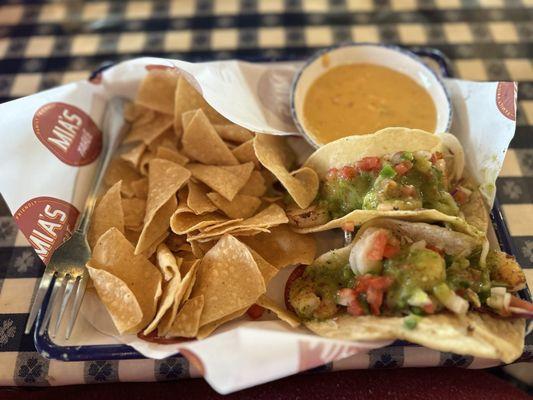 Shrimp Tacos (comes with Chips and Queso)