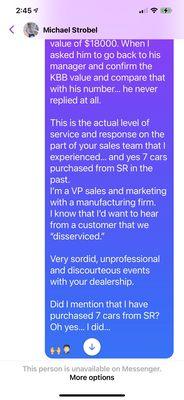 These three photos are of my Facebook messenger interaction with Mr Strobel, a sales manager with SR. ‍