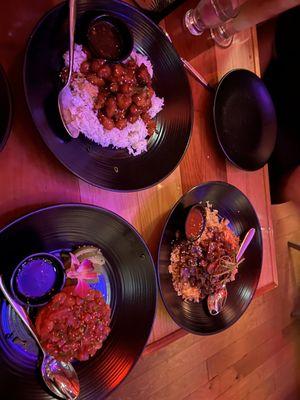 Ahi poke, Mongolian beef, orange chicken