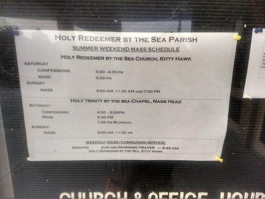 Mass times for the 2 Catholic Churches on the OBX.