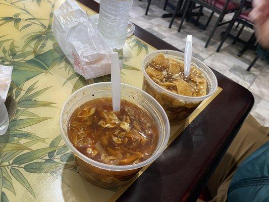 Hot and sour soup & egg drop soup w crispy noodles