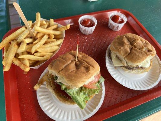 Fries, veggie burger and cheeseburger