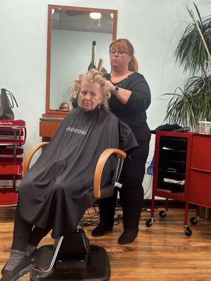 All the curls before it gets combed out and sprayed! Kathy has very this oily hair!