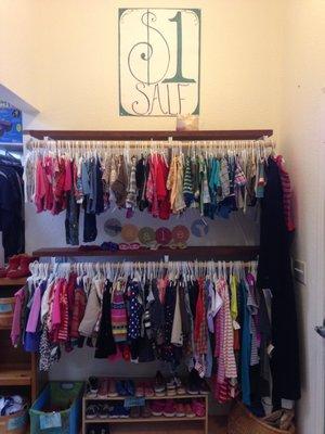 Take advance of our daily $1.00 rack. 
 Shoes, toys, books, clothes and more.