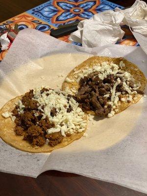 Chorizo and carne asada tacos with cheese