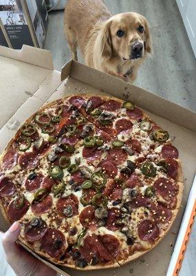 Thin crust pepperoni, mushroom, jalapeños pizza & Stewie