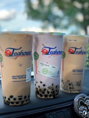 Caramel Milk Tea w/ Boba, Taro Coconut Cream Smoothie w/ Boba, Almond Milk Tea w/ Coffee Jelly