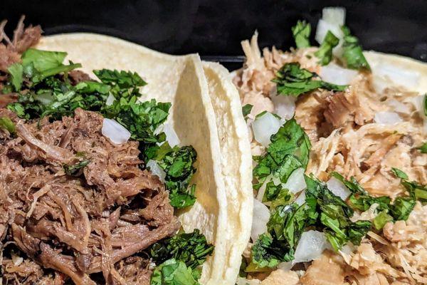 Barbacoa and carnitas tacos