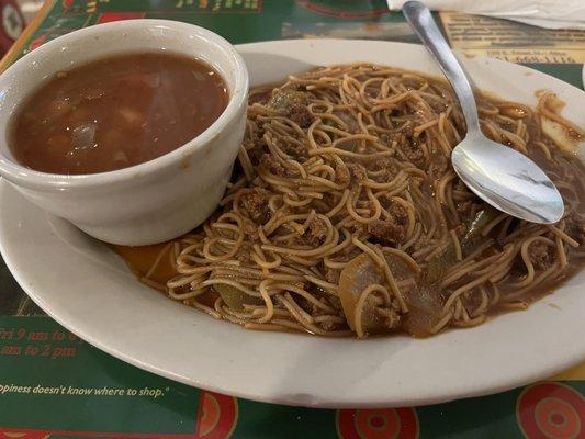 Fideo con carne with a side of frijoles en bola and homemade flour tortillas 9.99 (special)