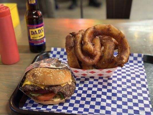 Burger and onion rings.