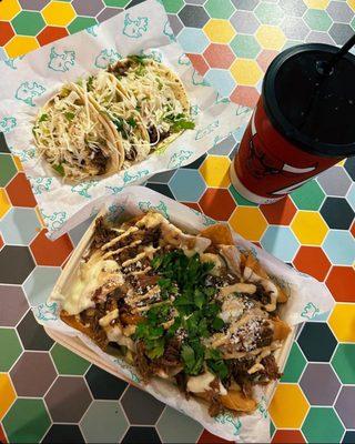 Short rib nachos and tacos