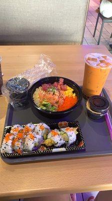 Rainbow poke bowl, super crunch roll, Thai tea bubble tea