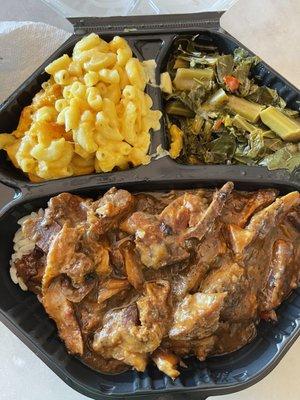 Smothered Pork Chops w/ Rice Collard Greens & Mac