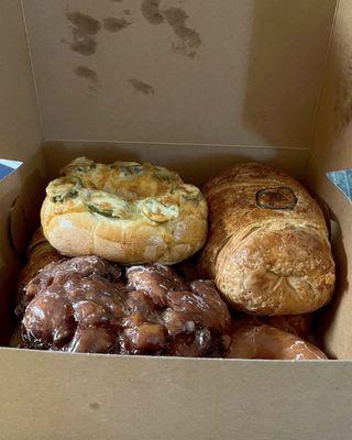 Jalapeño ham and cheese, jalapeño bagel, apple fritter, glazed donut