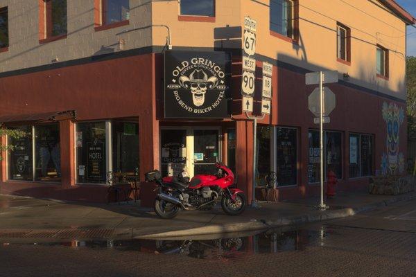 Bike in front of the hotel from the center of the place