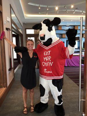 Surprise visit from the Chick-fil-A cow at an open house for a new apartment in Northwest Austin--reminding us all to "Eat Mor Chikin"!