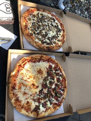 Meatball and mushroom pizza, cheese and half combo.