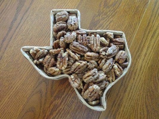 Two pounds of pecans in a Texas shaped basket.