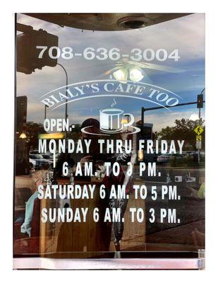 Hours.Bialy'sCafe (W 95th St/S California Ave) Evergreen Park, IL.Old Fashion Family Diner.  w/ Mexican Twist. Nice Service Good Food. Cool!