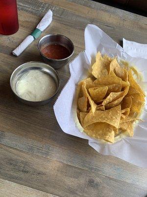 Chips, salsa, and the famous Virginia white sauce