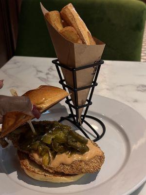 Chicken sandwich and yuca fries